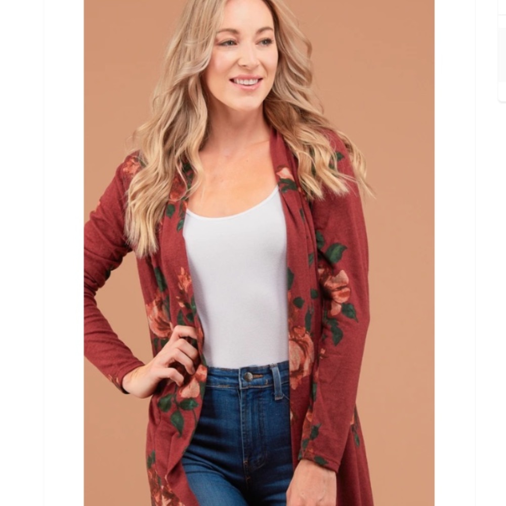 ONLY ONE LEFT!  Burgundy Floral Long Cardigan - Picture 4 of 5